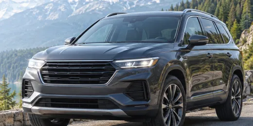 SUV gris foncé garé au bord d’un lac de montagne