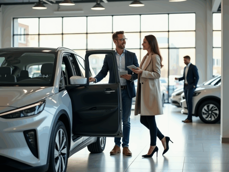 couple-voiture-electrique-showroom