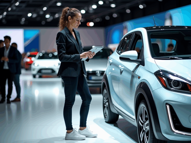 femme-urbaine-examine-voiture-electrique-salon-auto