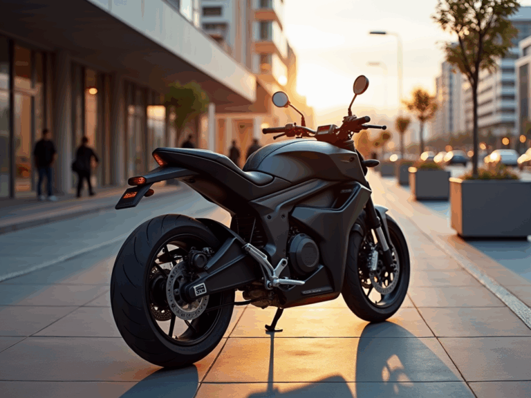 golden-hour-black-electric-motorcycle-urban-setting