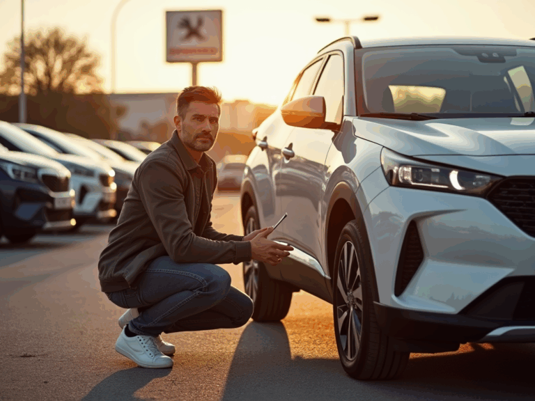 homme-examinant-tire-suv-dealership-golden-hour