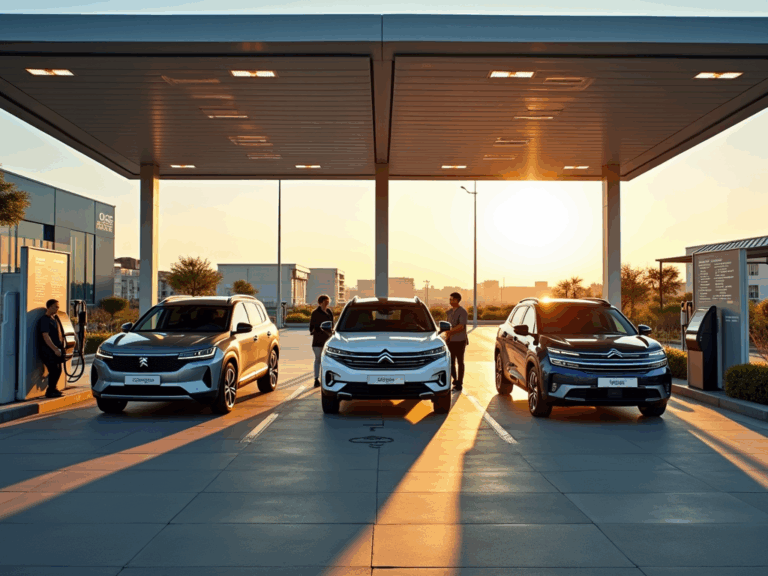 station-charging-hybrid-vehicles-european-city-golden-hour